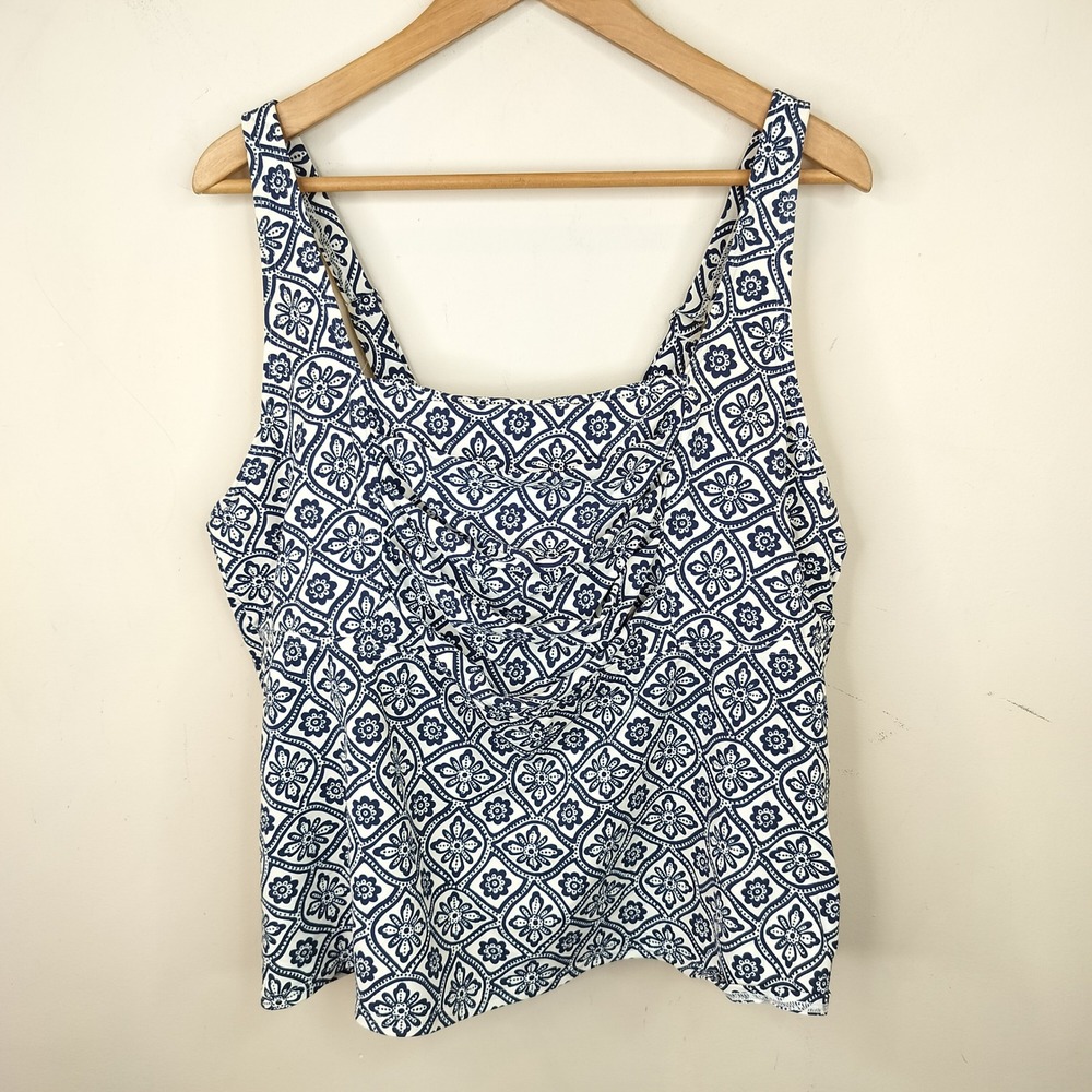 Lands End Underwire Tankini Swim Top 20W Floral Medallion Blue White